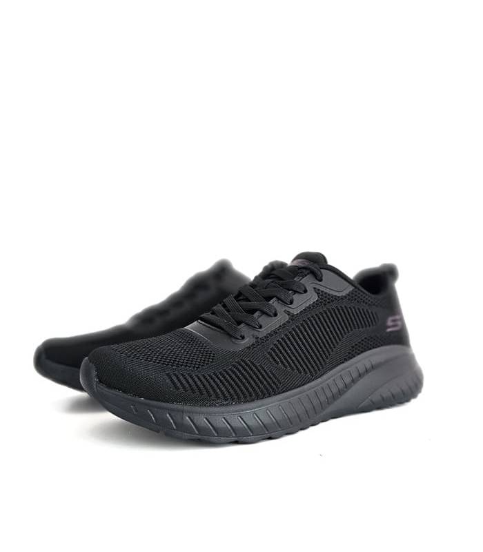 Vista semi Lateral: Zapatillas Skechers Bobs Squad Chaos negra para mujer.