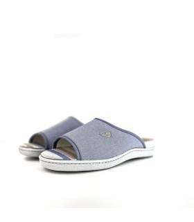 Zapatilla de casa tipo pinki Plumaflex para mujer, en lona jeans azul, vista lateral
