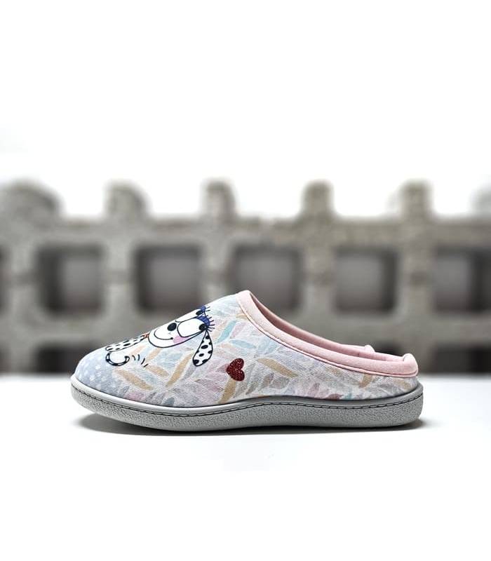 vista de perfil de zapatilla de algodón para verano con dibujo de perro y niña