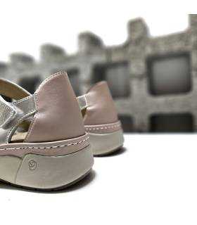 sandalia mujer velcro trasero piel combinada blanco rosa