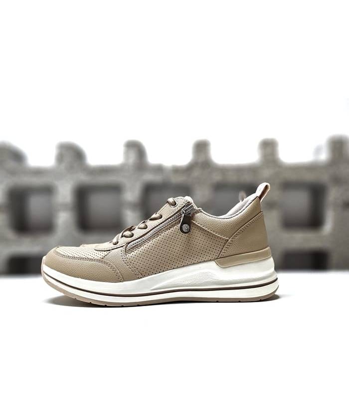 Imagen lateral del zapato Skechers Billion 2 Side Lines en color camel, con cordones y cremallera lateral.