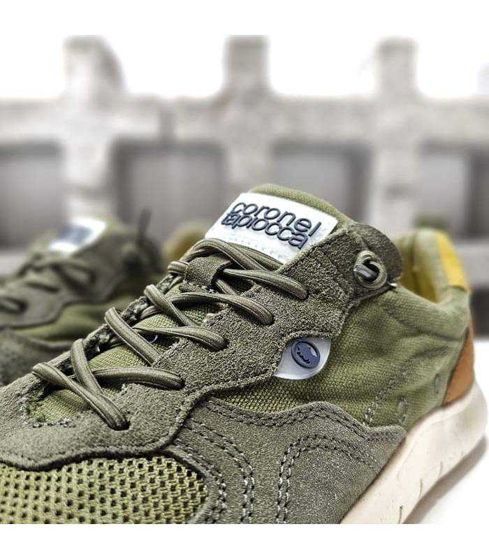 Detalle textil y piel zapatilla hombre verde Coronel Tapioca.