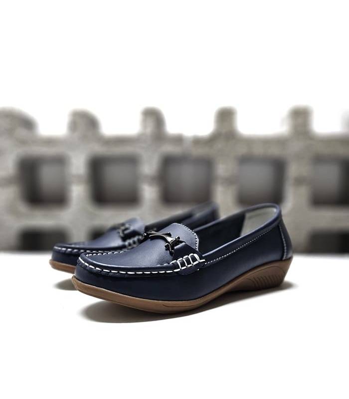 mocasínes piel mujer azul marino cuña Vicmart primavera