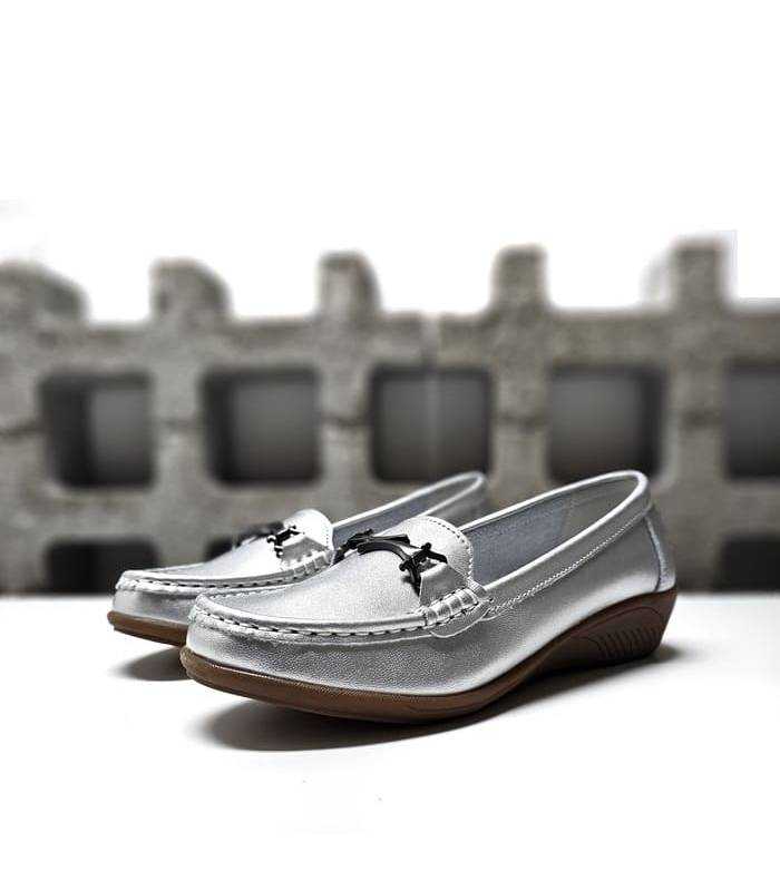 mocasínes mujer plateado piel cuña cómoda Vicmart primavera