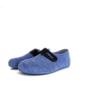 zapatilla casa textil toalla azul ancha medio perfil