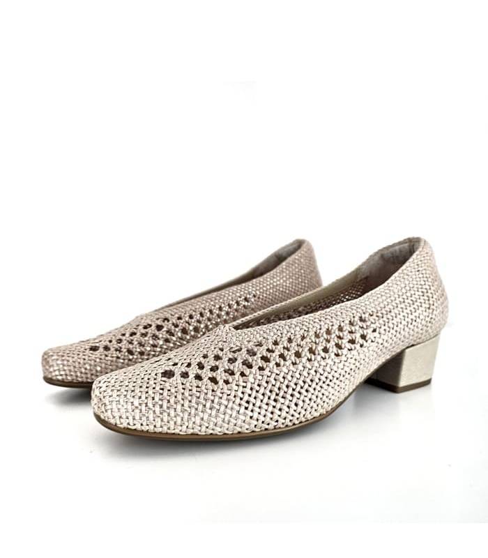 zapato salón mujer rejilla trenzada platino medio perfil