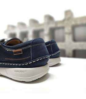 Parte trasera del zapato SCORPIO3990 en piel azul, mostrando el refuerzo acolchado y costuras decorativas.
