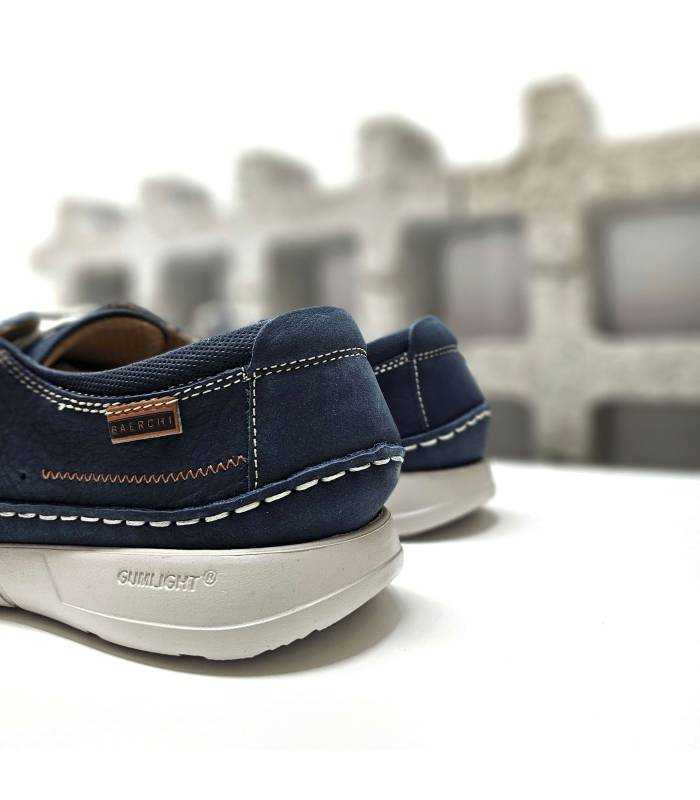 Parte trasera del zapatos SCORPIO3990 en piel azul, mostrando el refuerzo acolchado y costuras decorativas.