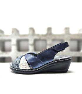 Sandalias mujer Doctor Cutillas piel azul con cuña vista perfil