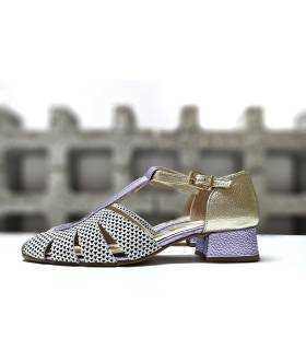Zapatos mujer ceremonia Marin de Nival en piel dorada y lila visto de perfil