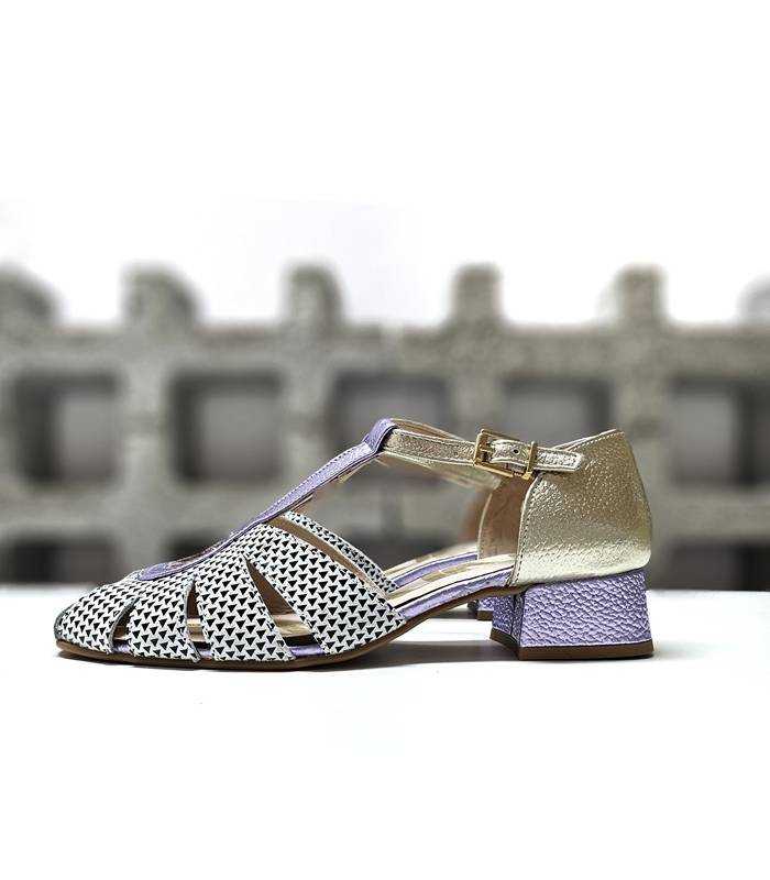 Zapatos mujer ceremonia Marin de Nival en piel dorada y lila visto de perfil