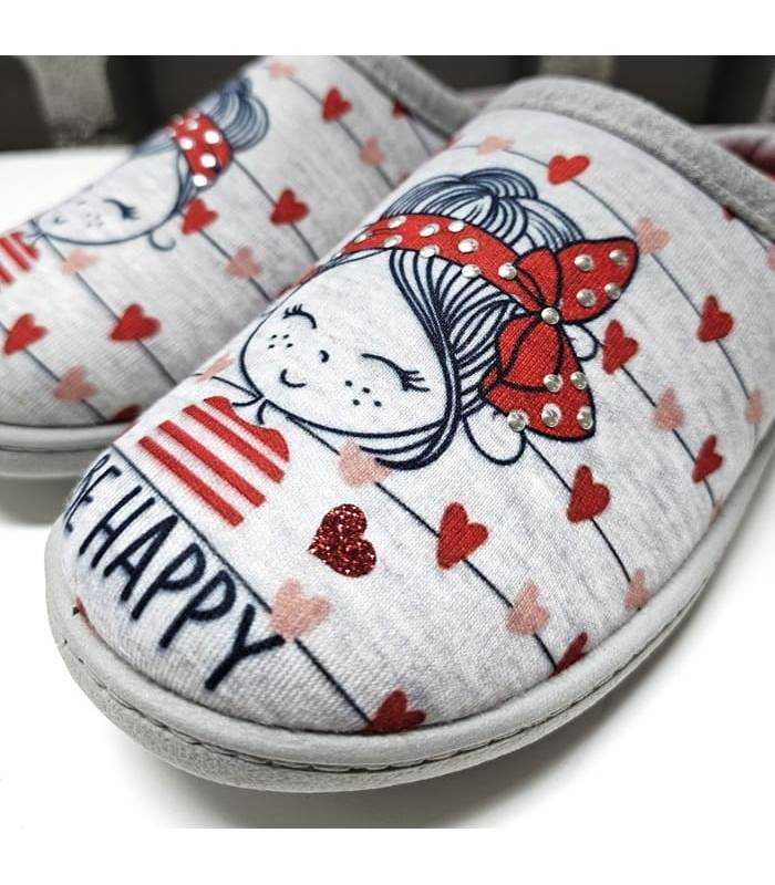 Zapatilla casa Plumaflex detalle tejido algodón estampado chica lazo