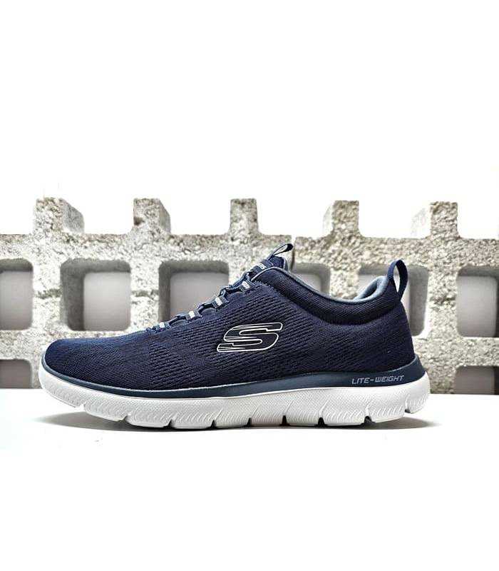 zapatilla Skechers azul sin cordones con Memory Foam vista perfil