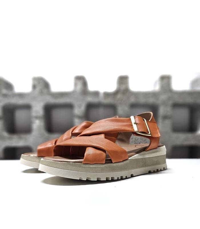 Sandalias mujer piel naranja cuña baja medio perfil