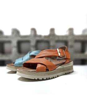 Sandalias mujer piel Lola Canales naranja y turquesa comparativa colores