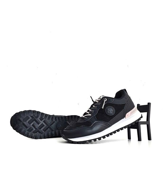 zapatillas deportivas casual mujer XTI negras con cordones elásticos, vista suela y perfil
