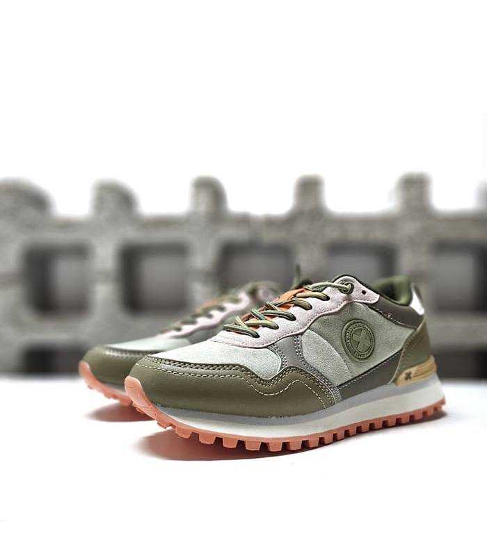 zapatillas deportivas casual mujer XTI verdes con cordones elásticos, vista diagonal