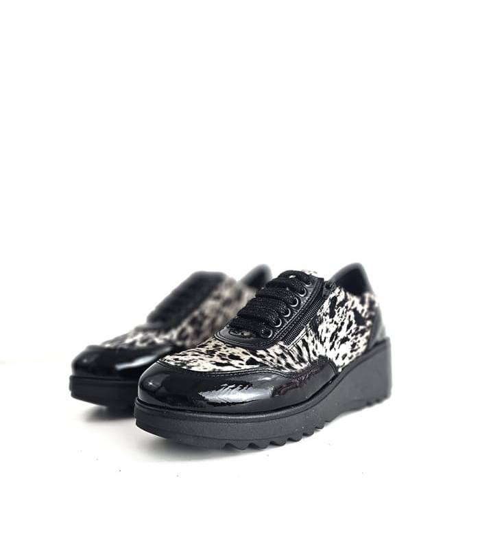 zapatos mujer Dama Nival piel charol negro animal print medio perfil