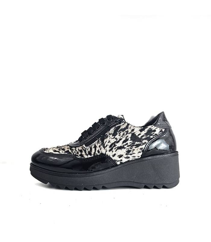 zapatos mujer Dama Nival piel charol negro animal print perfil lateral