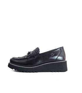 Zapatos de cuña para mujer Treintas en piel negra combinada con cuadros