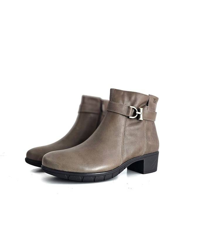 Botines mujer piel taupe Treintas con tacón medio vistos en ángulo lateral