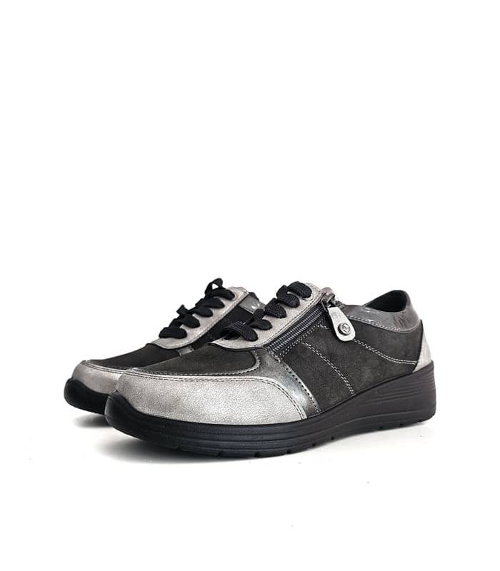 zapatos deportivos mujer negros plata cordones cremallera Mysoft puestos lateral exterior