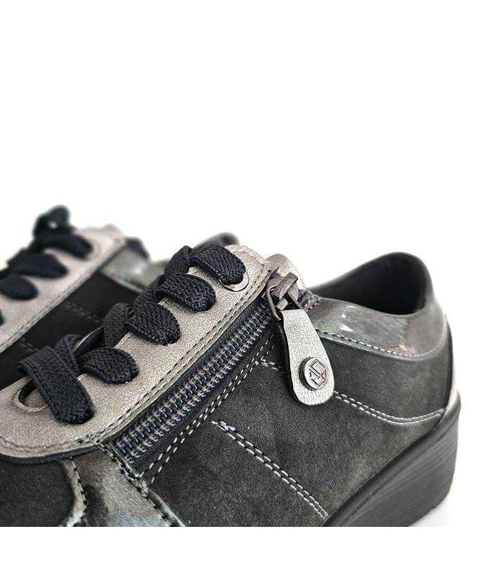 detalle cremallera zapatos deportivos mujer negros plata Mysoft cierre lateral metálico