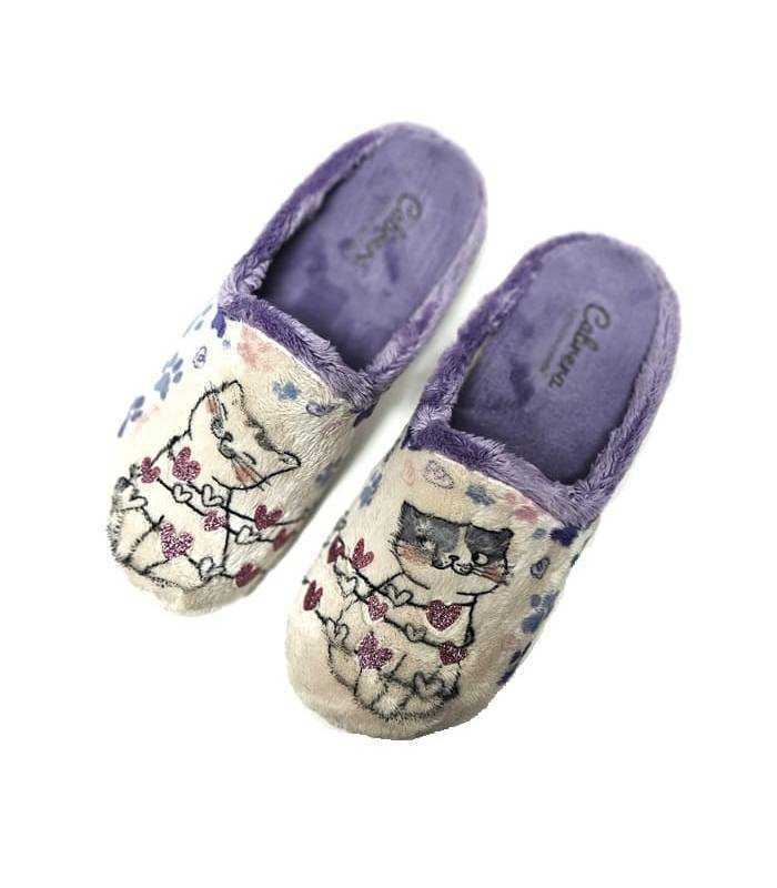 zapatillas casa mujer invierno estampado gatos corazones