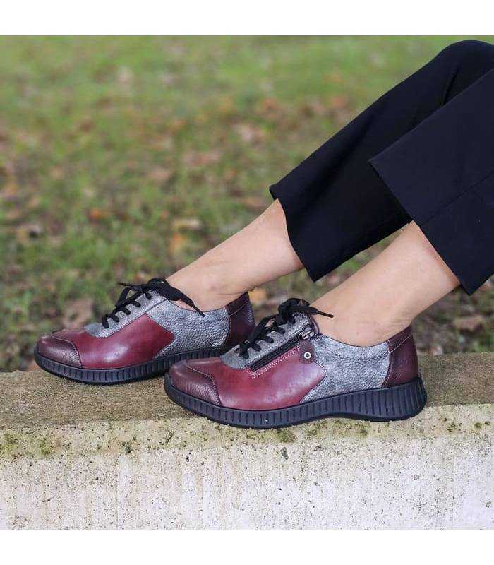 zapatos mujer cordones cremallera Suave color granate puestos