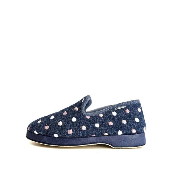 Vista lateralde zapatillas de casa de mujer azules lunares Garrido Muro