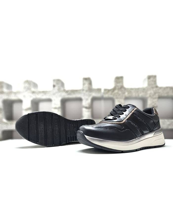 Zapatos deportivos mujer piel negro Treintas cordones suela