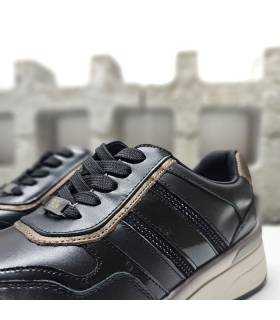Zapatos deportivos mujer piel negro Treintas cordones detalle de combinacion de pieles