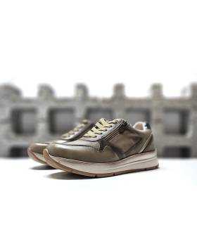 Zapatos deportivos mujer cordones cremallera Treintas beige lateral