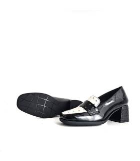 mocasines mujer tacón medio Dchicas charol negro blanco suela