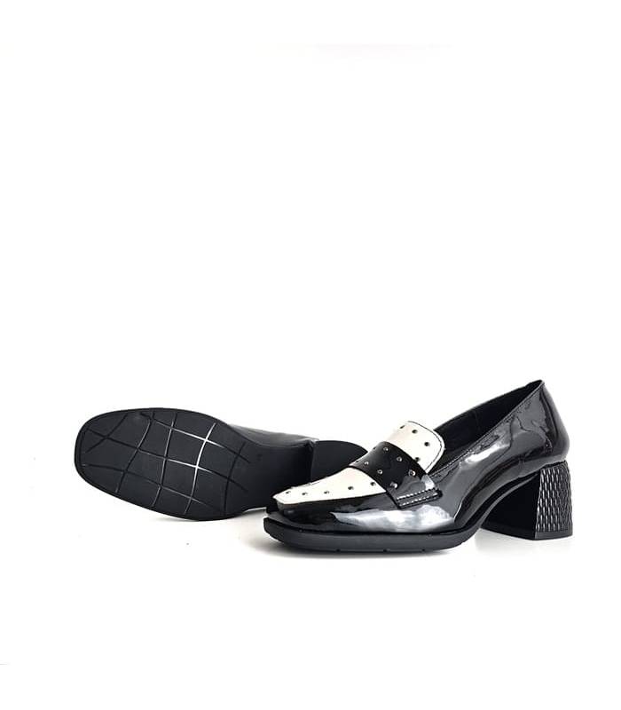 mocasines mujer tacón medio Dchicas charol negro blanco suela