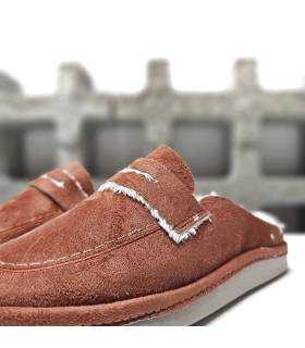 zapatillas casa mujer elegantes Salvi teja, detalle del textil y antifaz