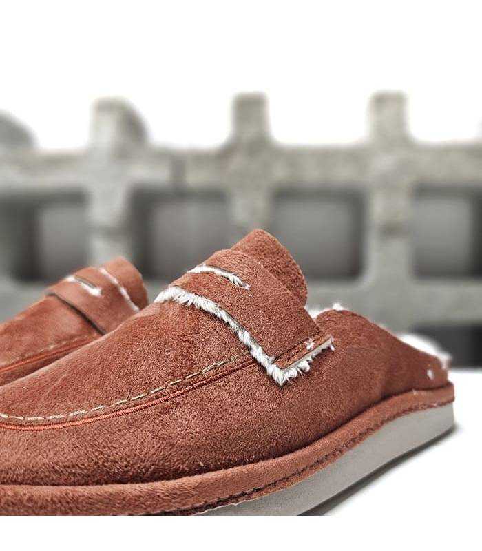 zapatillas casa mujer elegantes Salvi teja, detalle del textil y antifaz