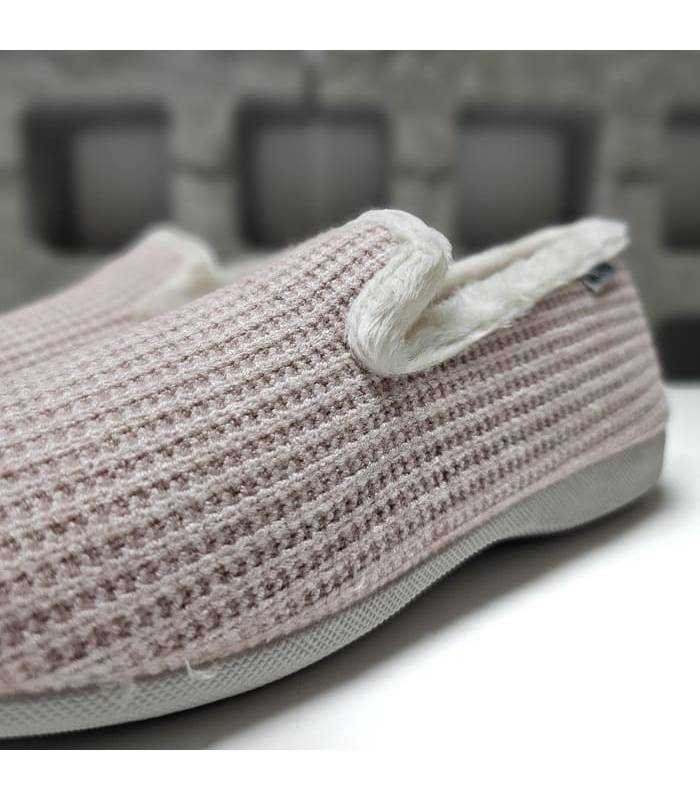 zapatillas casa mujer cómodas punto azul, detalle del tejido rosa