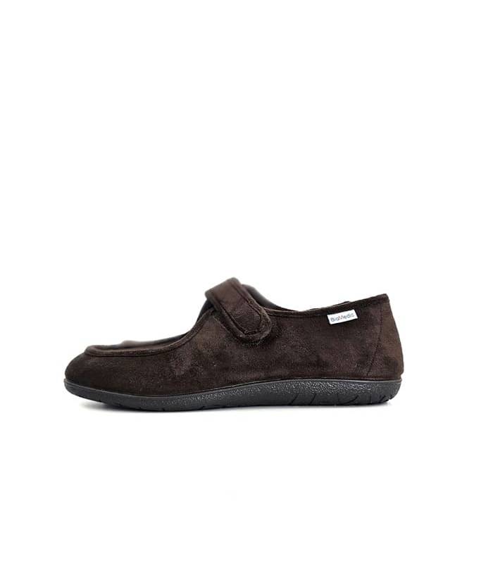 zapatillas casa anchas con cierre velcro marrones de perfil