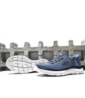 zapatillas skechers hombre sin cordones azul con piso ligero