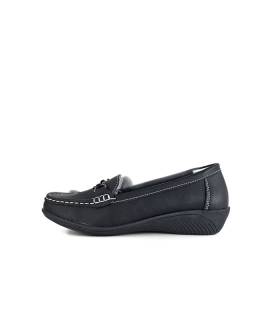 zapatos mujer negros cuña piel pespunte claro