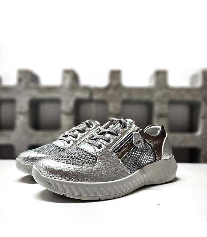 Zapatos deportivos mujer anchos Suave Leyland plata con cremallera lateral