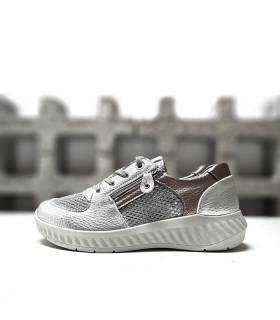 Zapatos deportivos cómodos mujer piel metalizada y malla transpirable