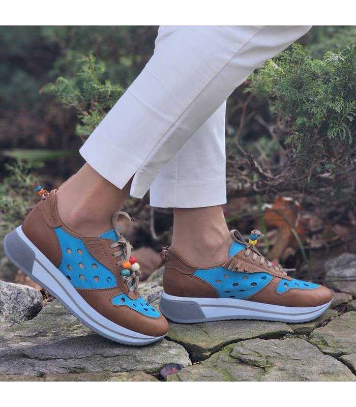 zapatos Nival mujer verano de pie camel y turquesa puestos de rebjas