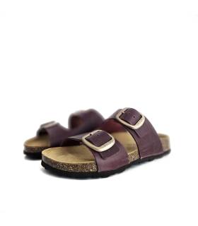 sandalias bio mujer piel morado doble hebilla