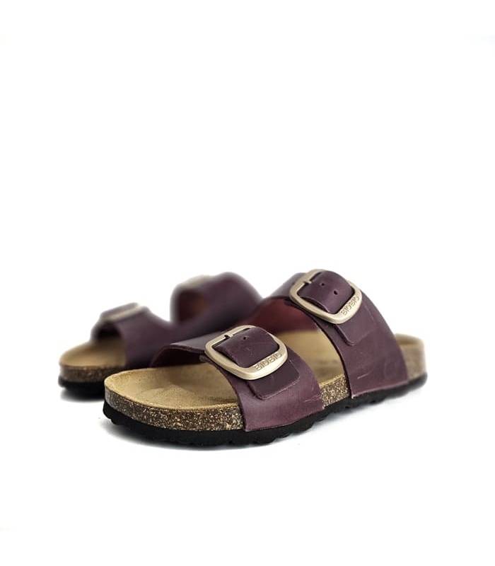 sandalias bio mujer piel morado doble hebilla
