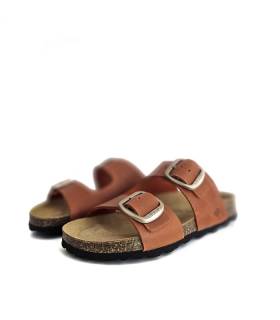 sandalias bio mujer piel naranja doble hebilla