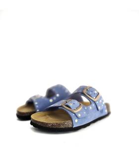 sandalias bio mujer piel azul doble hebilla