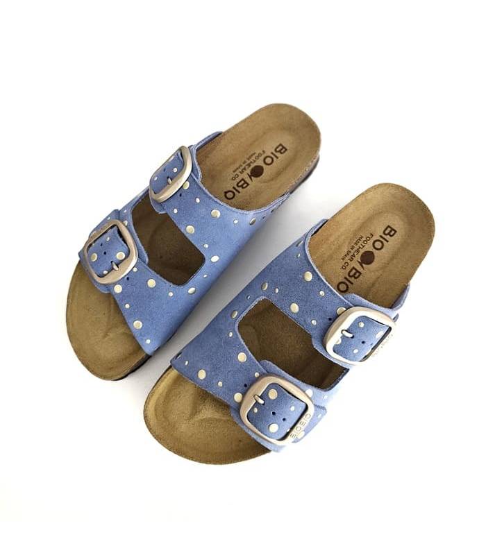 vista superior sandalias bio piel azules