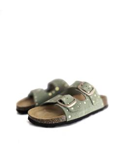 sandalias bio mujer piel verde doble hebilla